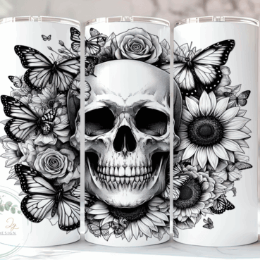 Three white tumblers with a skull design surrounded by flowers and butterflies on a white background.