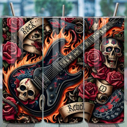 Tumbler with a design of a guitar, skulls, and roses on a reflective surface.