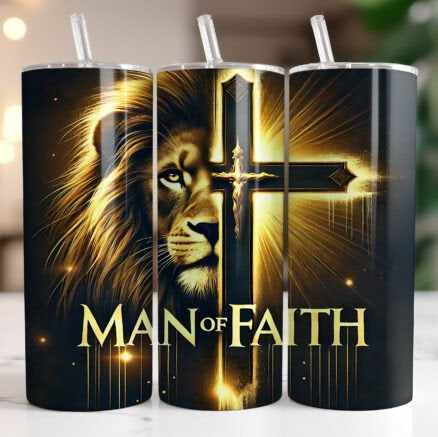 Tumbler with lion and cross design featuring 'Man of Faith' text on a blurred background