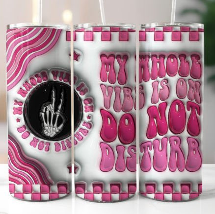 Three pink and white tumblers with text and a skeleton hand design.