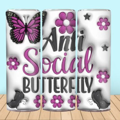 Three rolls of toilet paper with decorative designs and text on a wooden surface.