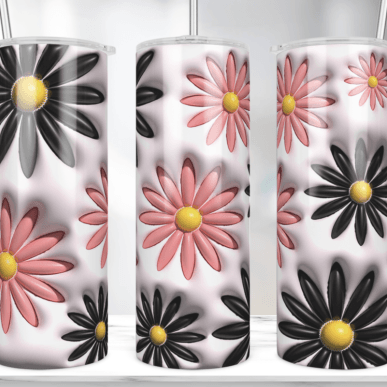 Three cylindrical tumbler with floral design on a white background