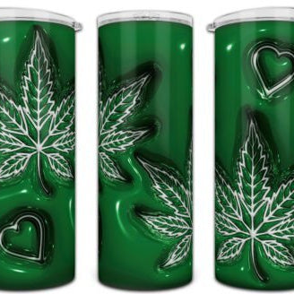 Three green tumblers with cannabis leaf and heart designs on a white background