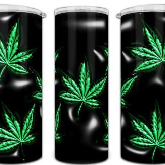 Three tumblers with green cannabis leaf patterns on black backgrounds