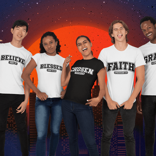 Five people wearing t-shirts with motivational phrases against a cityscape background