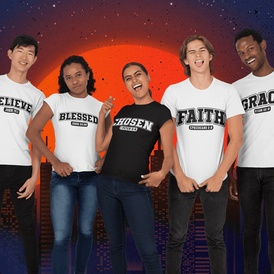 Five people wearing t-shirts with motivational phrases against a cityscape background
