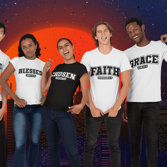 Five people wearing t-shirts with motivational phrases against a cityscape background