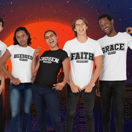 Five people wearing t-shirts with motivational phrases against a cityscape background