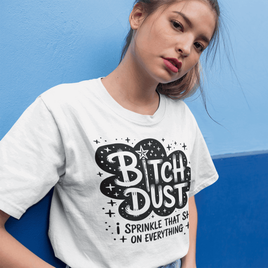 Person wearing a white t-shirt with graphic text against a blue background