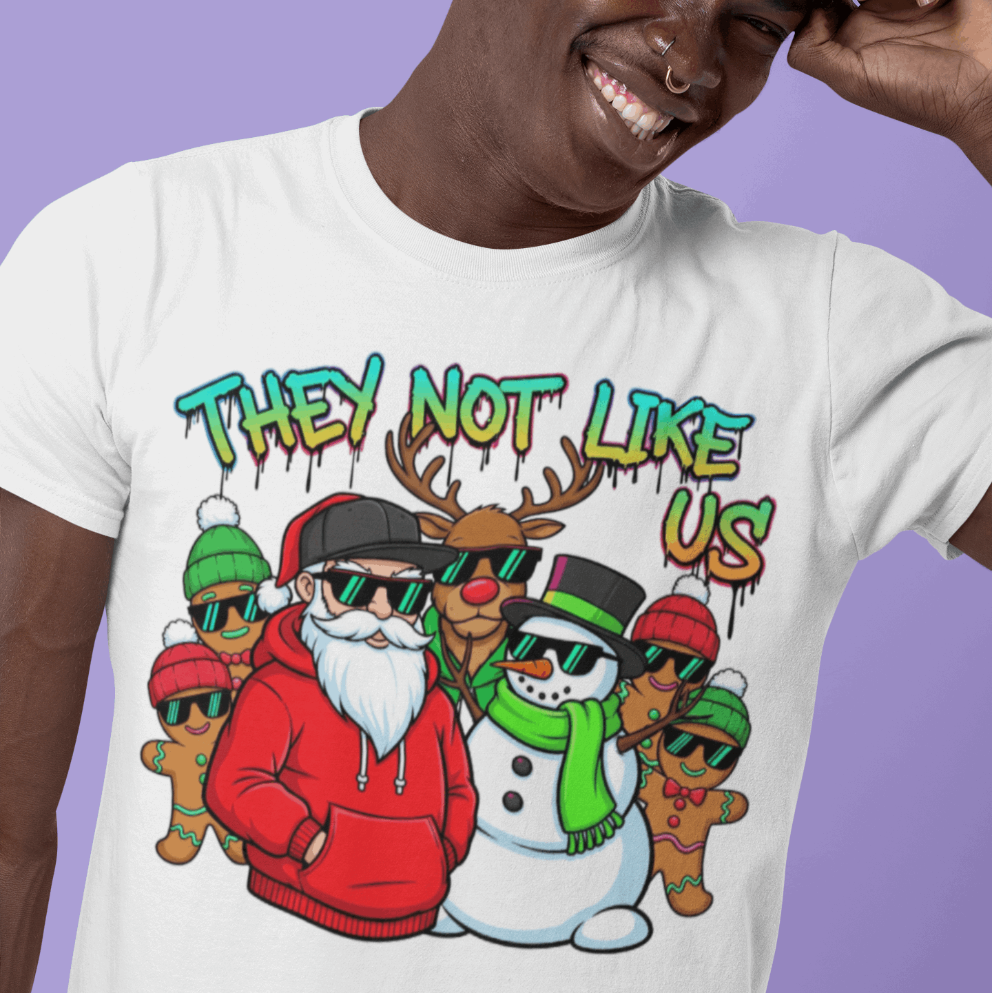 Person wearing a white t-shirt with a colorful graphic design on a purple background