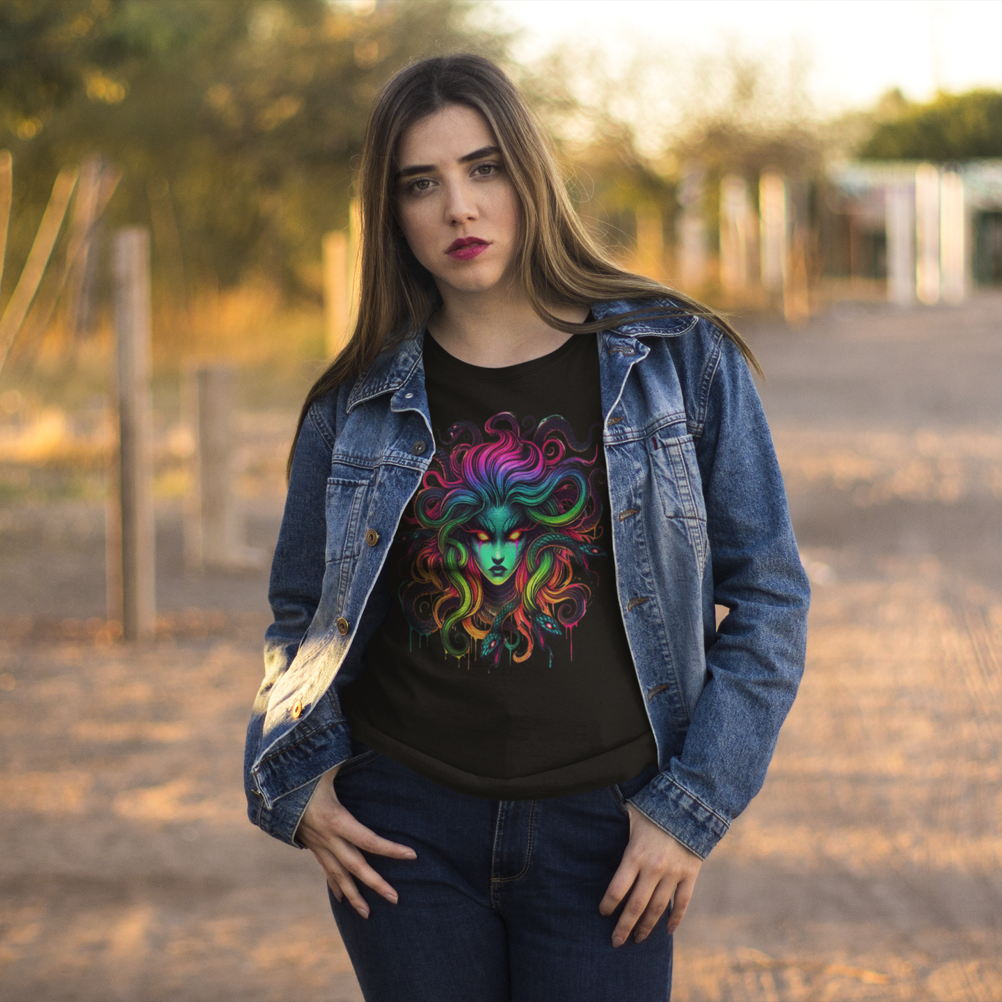 Woman wearing a black t-shirt with a colorful graphic design outdoors.