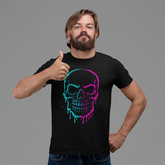 Man wearing a black t-shirt with a colorful skull design on a gray background