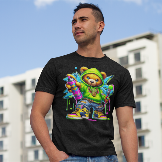 Man wearing a black t-shirt with a colorful graphic design of a bear in a hoodie outdoors.
