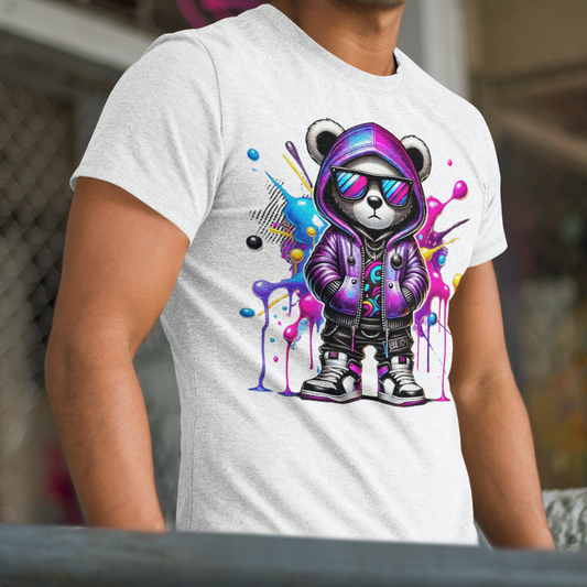 Person wearing a white t-shirt with a colorful bear graphic design.