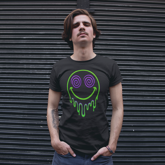 Man wearing a black t-shirt with a unique smiley face design against a metallic shutter background