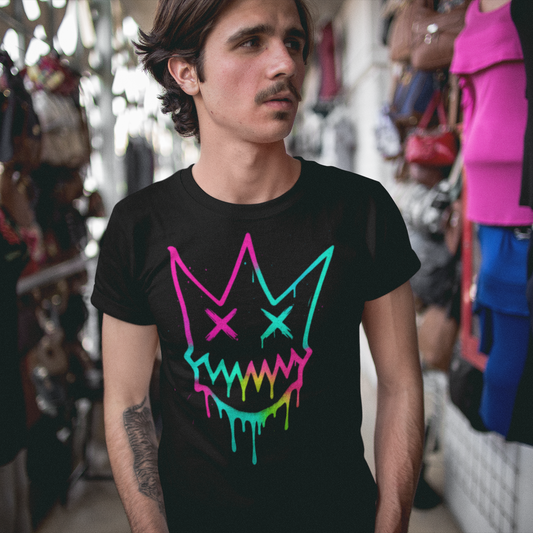 Person wearing a black t-shirt with a colorful graphic design in a store setting