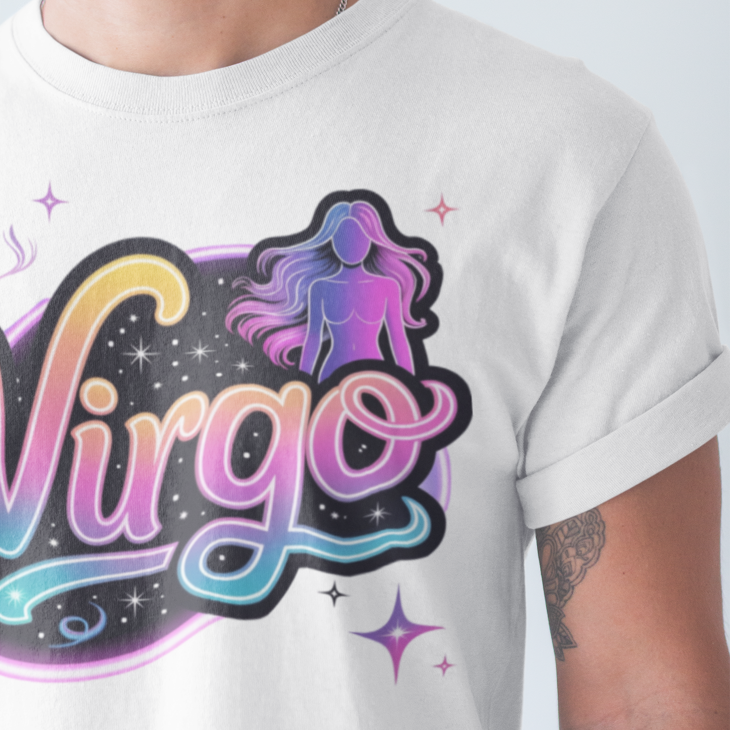 Person wearing a white t-shirt with 'Virgo' graphic design.