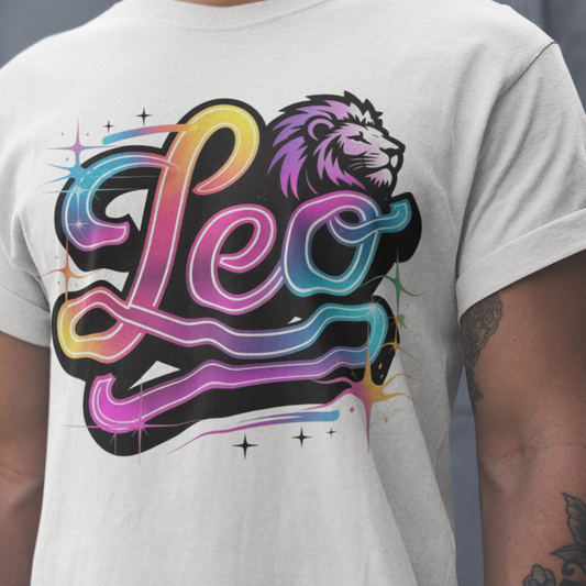 Person wearing a white t-shirt with a colorful 'Leo' design featuring a lion.