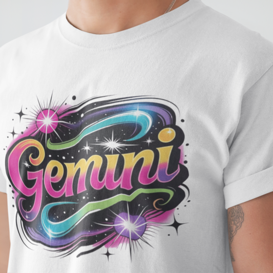 White t-shirt with 'Gemini' design featuring colorful letters on a plain background