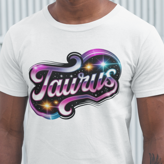 Person wearing a white t-shirt with 'Taurus' design in colorful letters.