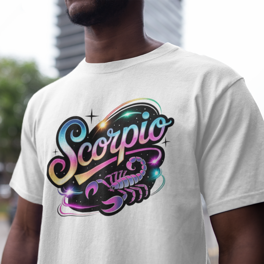Person wearing a white t-shirt with 'Scorpio' design outdoors.