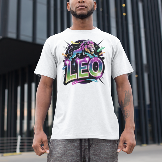 Person wearing a white t-shirt with a colorful 'Leo' design in front of a black metal fence.