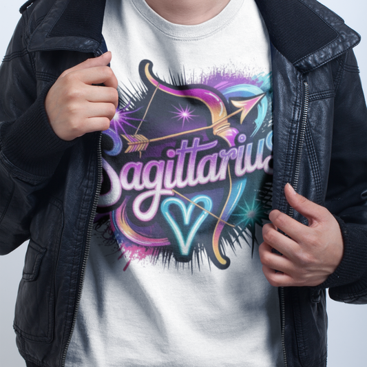 Person wearing a t-shirt with 'Sagittarius' design and zodiac symbol.