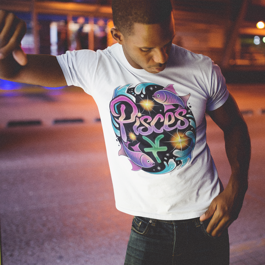 Person wearing a white t-shirt with a colorful graphic design on a street at night.