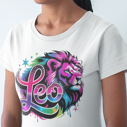 White t-shirt with colorful lion graphic and 'Leo' text on a plain background