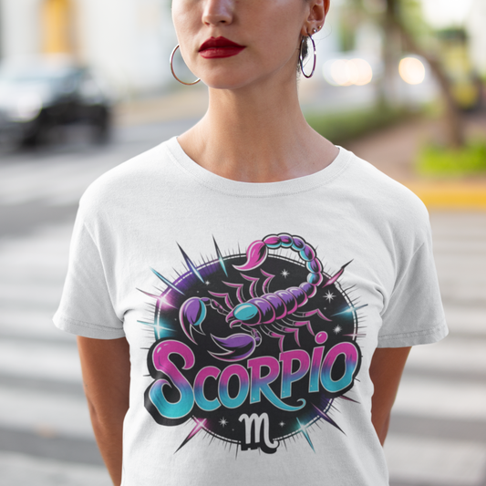 Person wearing a white t-shirt with a colorful Scorpio zodiac design on a street.