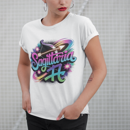 Person wearing a white t-shirt with 'Sagittaria' graphic design against a gray checkered background