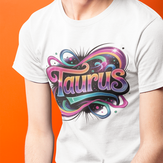 Person wearing a white t-shirt with 'Taurus' design on an orange background
