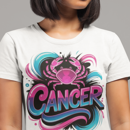 Person wearing a white t-shirt with a colorful 'Cancer' design on a gray background