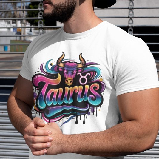 Person wearing a white t-shirt with a colorful 'Taurus' design outdoors.