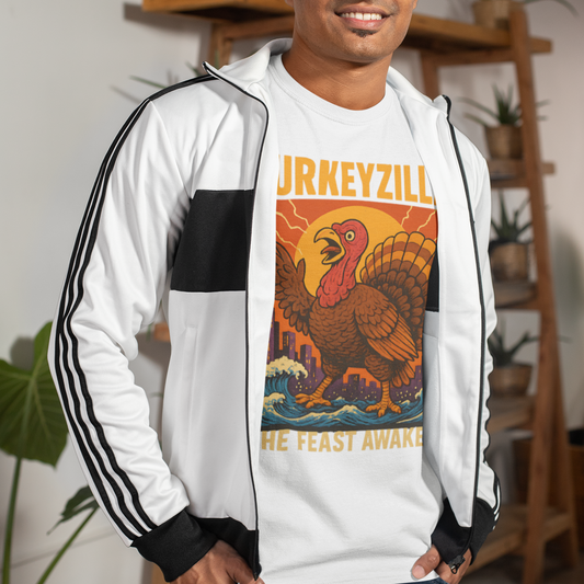 Man wearing a hoodie with a colorful graphic design in a casual setting