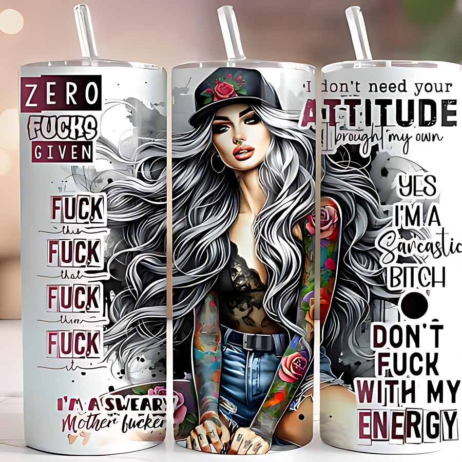 Three tumbler designs with text and a central image of a woman with long hair.