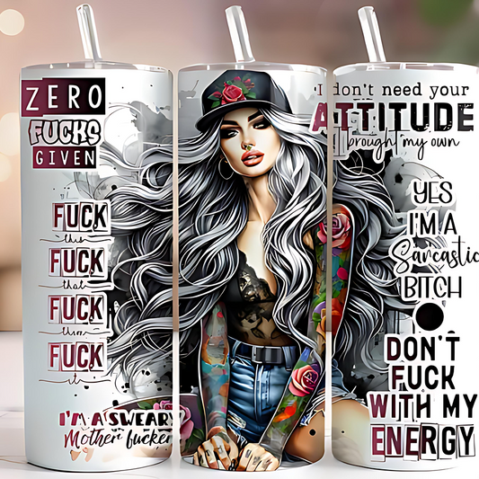 Three tumbler designs with text and a central image of a woman with long hair.