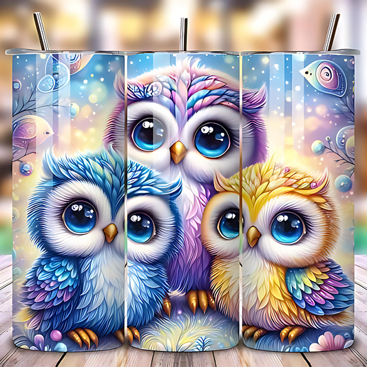Colorful owl design on a cylindrical product with a blurred background