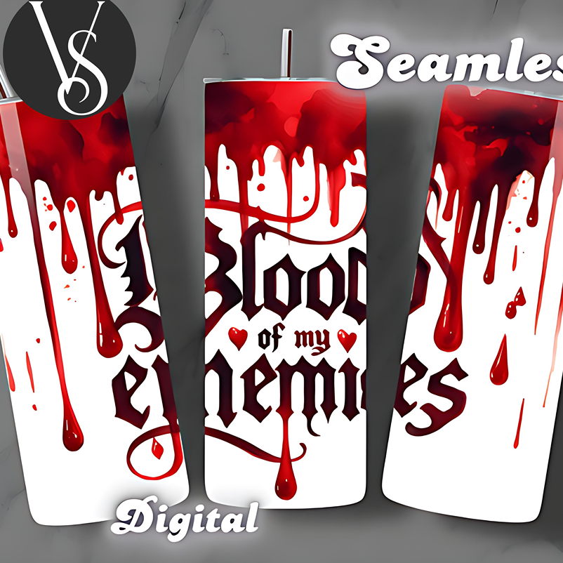 Three red and white tumblers with text and blood-like design on a gray background.