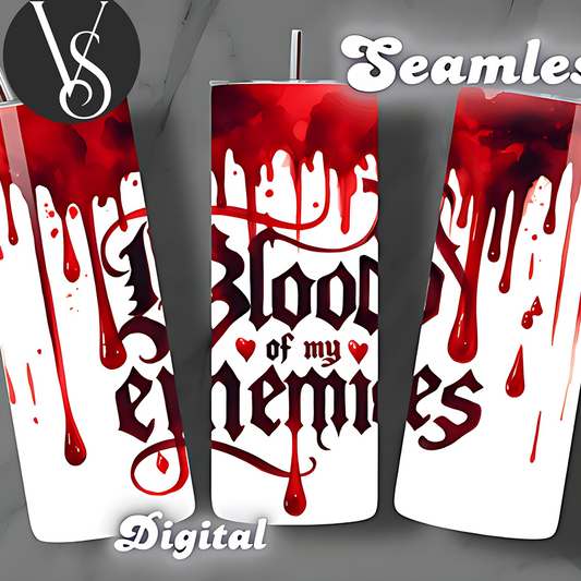Three red and white tumblers with text and blood-like design on a gray background.