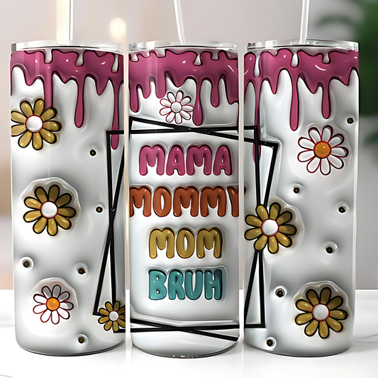 Three decorative tumblers with floral designs and text on a white surface.