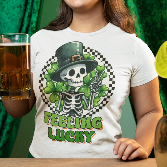 Person wearing a 'Feeling Lucky' skeleton t-shirt with a green background