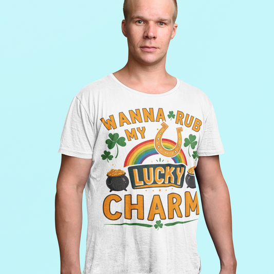 Man wearing a white t-shirt with a colorful graphic and text against a light blue background