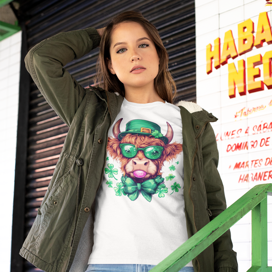 Woman wearing a t-shirt with a colorful cow graphic in front of a Habanero restaurant sign.