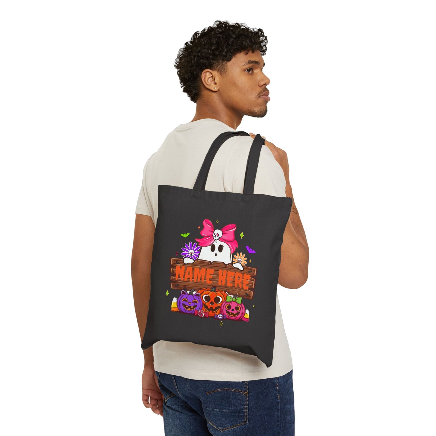 Cute Customizable Halloween Tote Bag, Spooky Canvas Bag, Personalized Trick or Treat Bag, Eco-Friendly - VYBE Shop