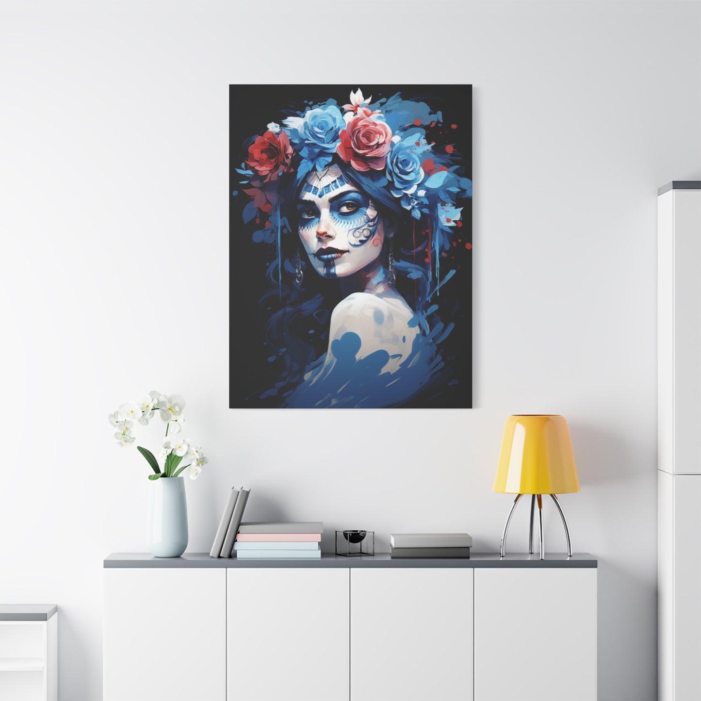 Artistic Stretched Canvas Print of Flower Crown Woman, Colorful Wall Art for Home Decor, Gift for Art Lovers, Bohemian Decor, Day of [...] - VYBE Shop