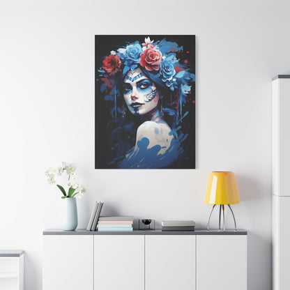 Artistic Stretched Canvas Print of Flower Crown Woman, Colorful Wall Art for Home Decor, Gift for Art Lovers, Bohemian Decor, Day of [...] - VYBE Shop
