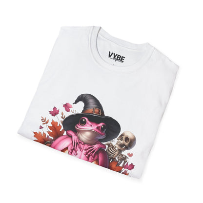 Halloween- Cute Pink Halloween Frog T-Shirt, Pumpkin Tee, Fall Apparel, Unisex Halloween Shirt, Cute Skeleton Design - VYBE Shop