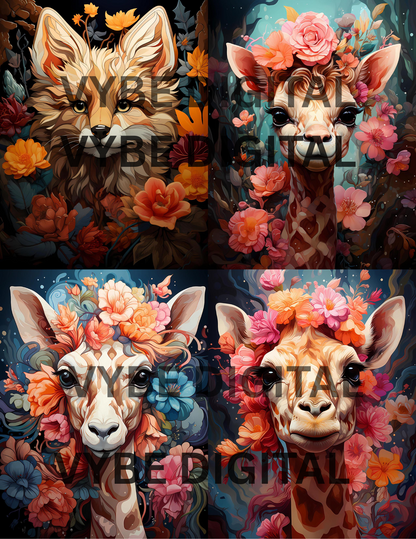 Four animal portraits with floral wreaths on a dark background, featuring the brand 'Vibe Digital'.