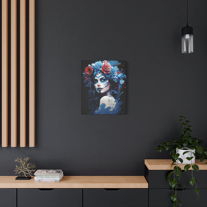 Artistic Stretched Canvas Print of Flower Crown Woman, Colorful Wall Art for Home Decor, Gift for Art Lovers, Bohemian Decor, Day of [...] - VYBE Shop